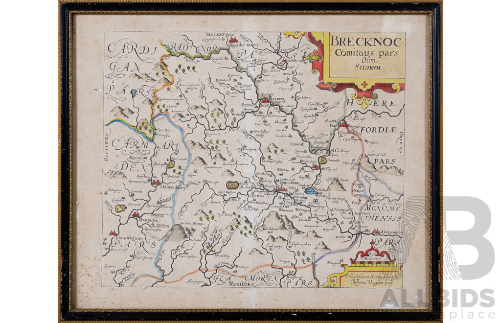 Robert Vaughan and Christopher Saxton (1540-1610), Original Antique Map of Brecknockshire, Wales, UK, Copy of Engraved Original From Camden's Britannia, (^c1637), 34 x 40 cm (frame)