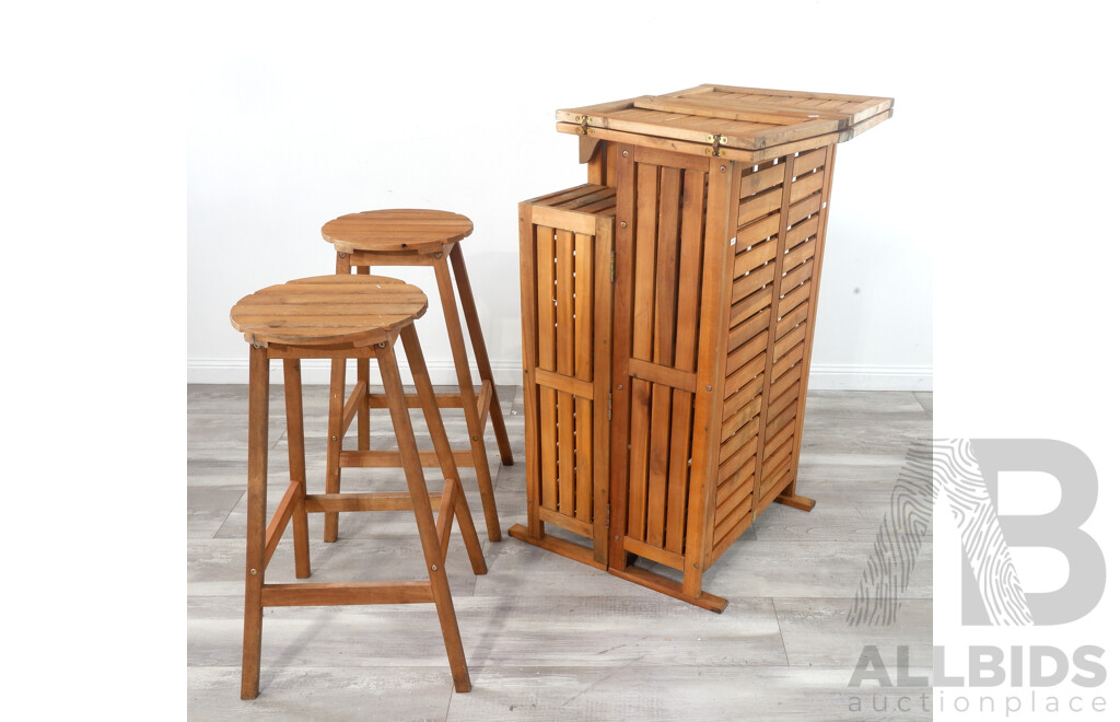 Collapsible Outdoor Teak Bar with Two Stools