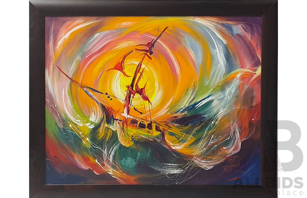 Contemporary Asian School, Ship in a Storm, OIl on Canvas