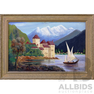 Lucy Miles, (Date Unknown), Château De Chillon and Dents Du Midi [Teeth of the South], Switzerland, Vintage Oil on Board, 39 x 55 cm (frame)