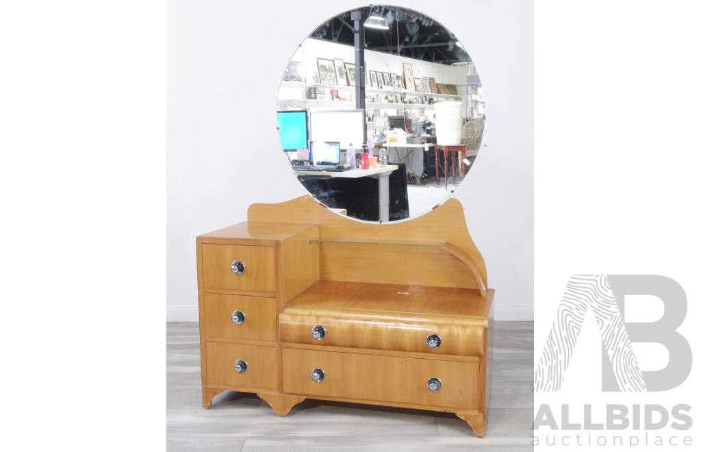 Vintage Timber Veener Dressing Table with Round Mirror