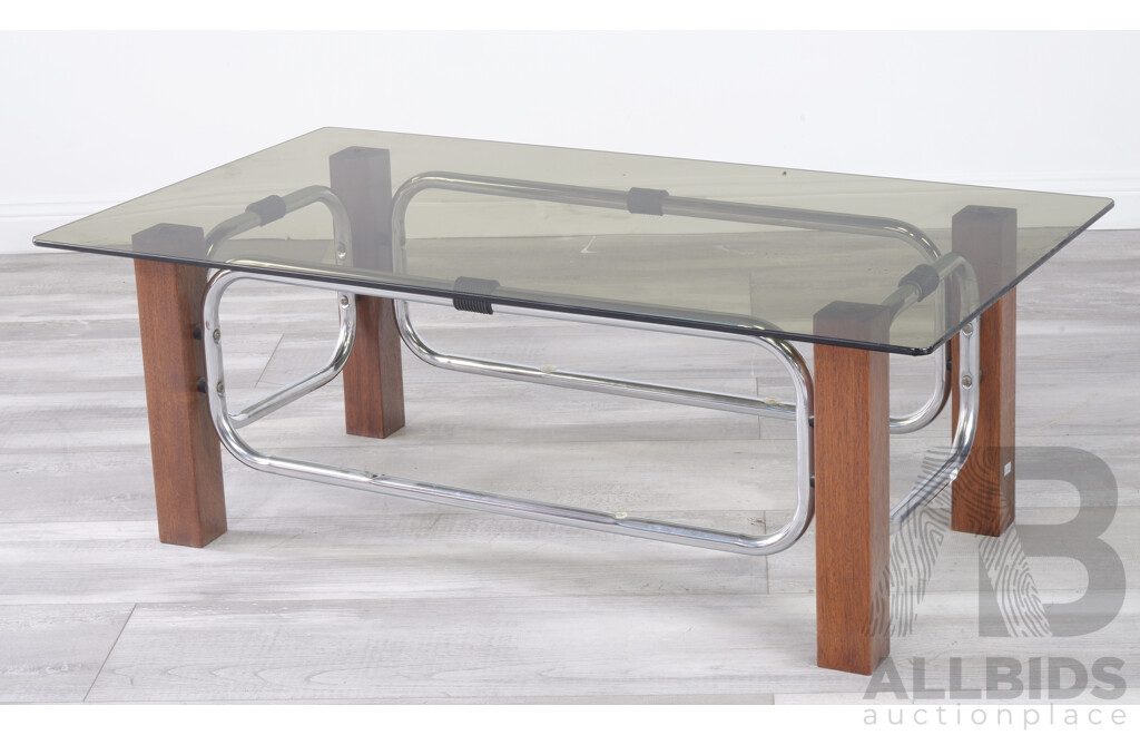 Retro Chrome and Timber Coffee Table with Smoke Glass Top