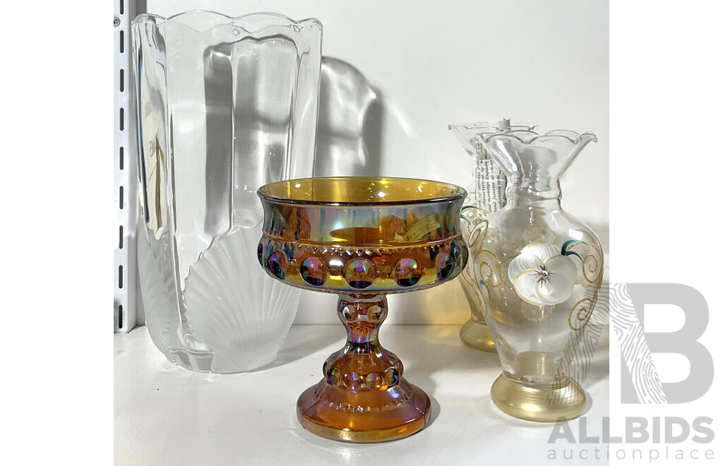 Good Collection of Vintage Glass Vases Inlcuding Carnival Glass Comport
