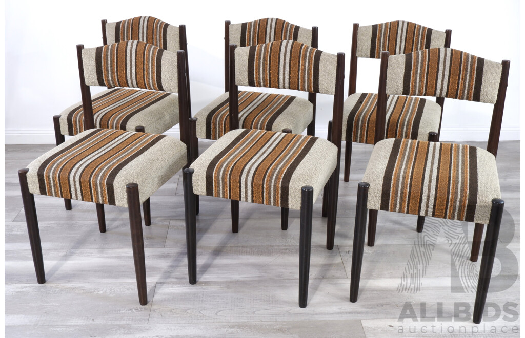 Six Mid Century Dining Chairs with Stripe Wool Upholstery
