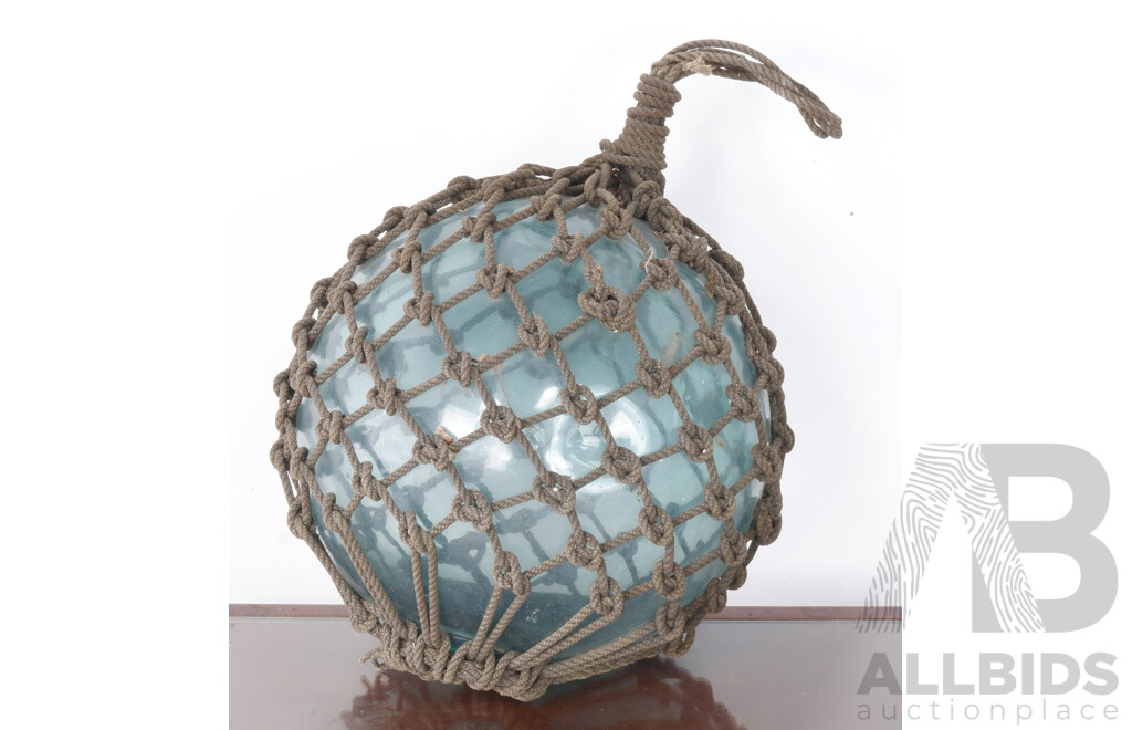 Large Early Japanese Green Glass and Rope Fishing Float