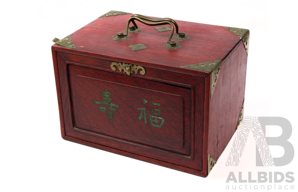 Vintage Mah Jong Set in Five Drawer Wooden Case with Bone and Bamboo Pieces and Stone Inlayed Characters to Front Panel