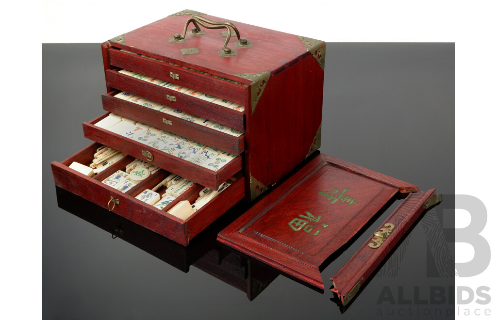 Vintage Mah Jong Set in Five Drawer Wooden Case with Bone and Bamboo Pieces and Stone Inlayed Characters to Front Panel