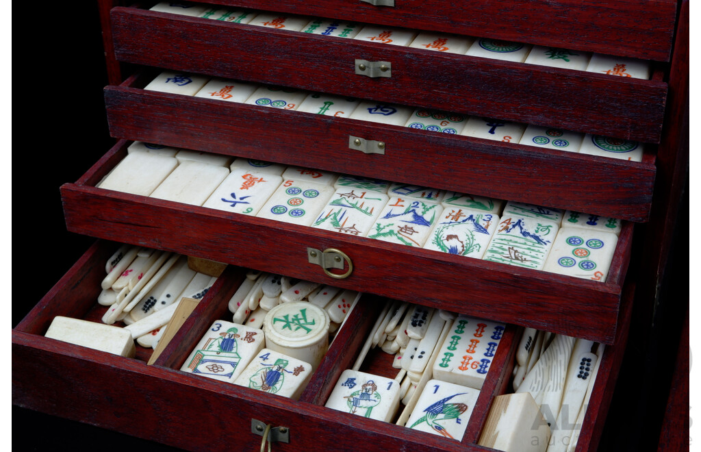 Vintage Mah Jong Set in Five Drawer Wooden Case with Bone and Bamboo Pieces and Stone Inlayed Characters to Front Panel