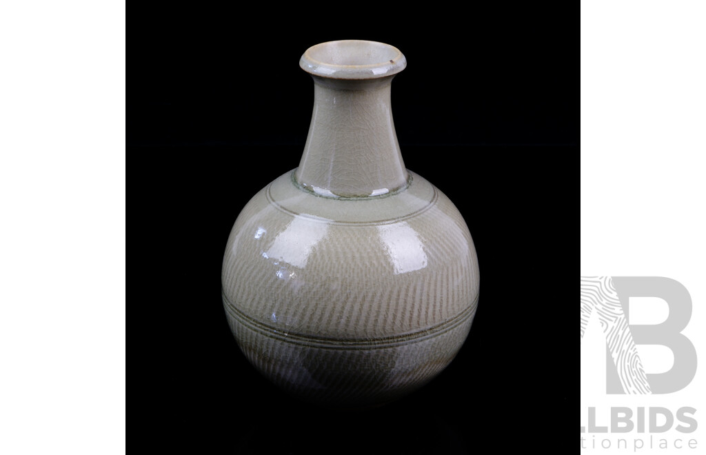 Australian Studio Pottery Celadon Glazed Vase with Incised Decoration by Shigeo Shiga