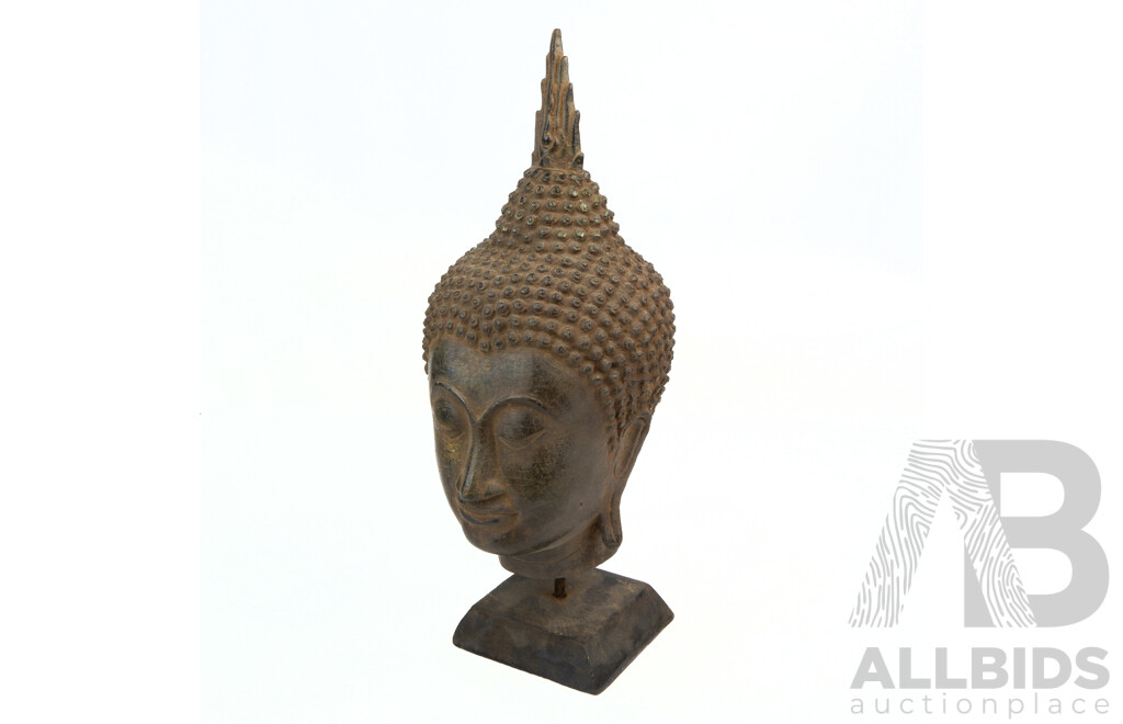 Vintage Thai Bronze Buddha Head with Flame Form Finial on Wooden Stand