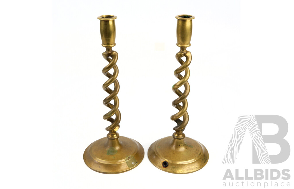 Pair Vintage Brass Spiral Twist Candle Holders Converted to Electricity