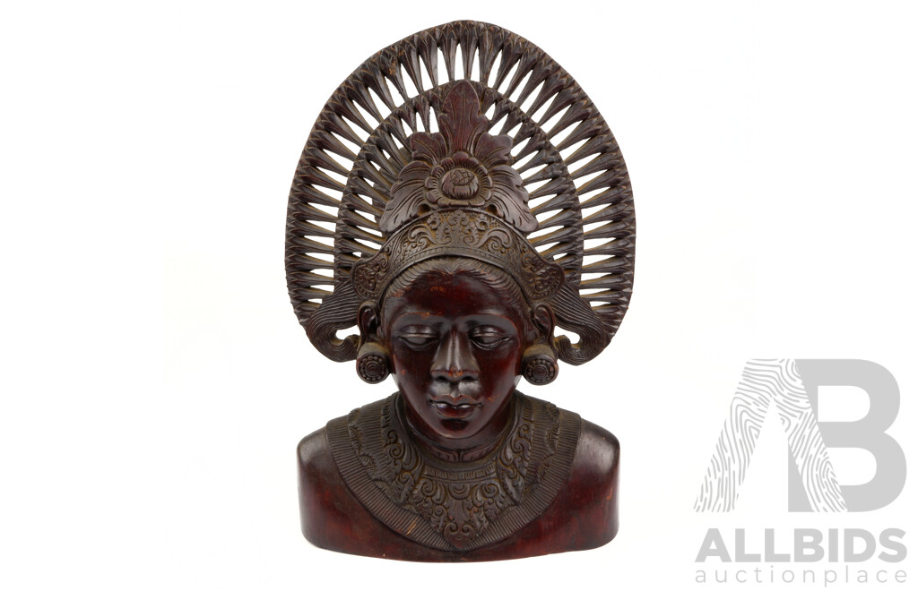 Vintage Hand Carved Wooden Batavian Beauty Bust, with Letter of Provenance, Purchased 1941 Batavia