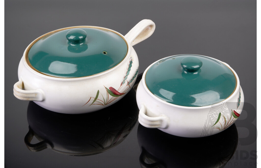 Two Mid Century Denby Stoneware Lidded Tureens in Green Wheat Pattern