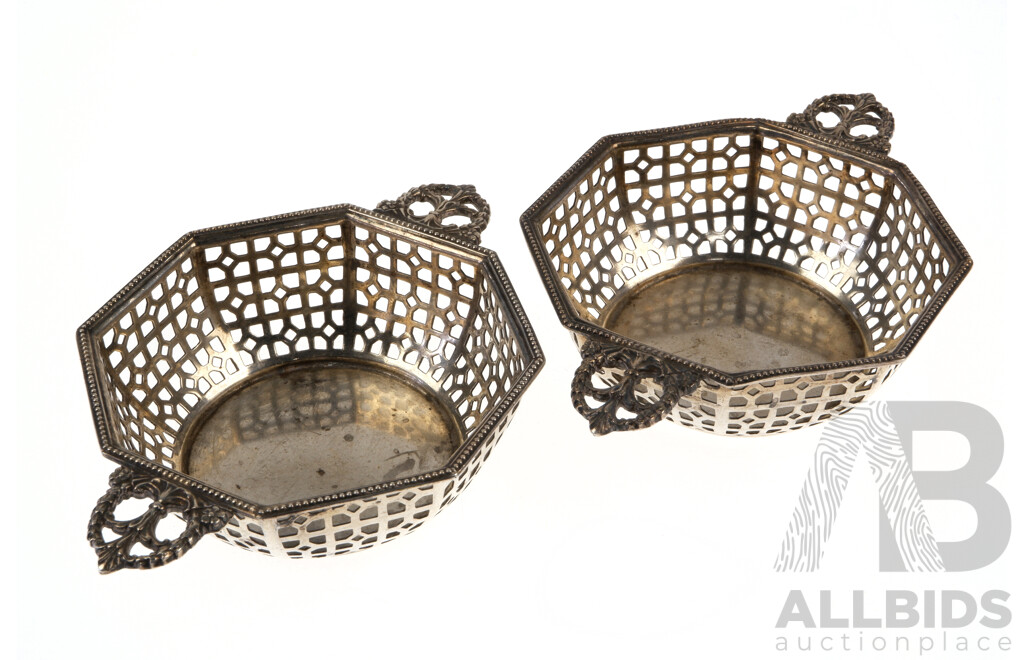 Pair Vintage English Sterling Silver Octagonal Dishes with Pierced Sides, Birmingham 1938