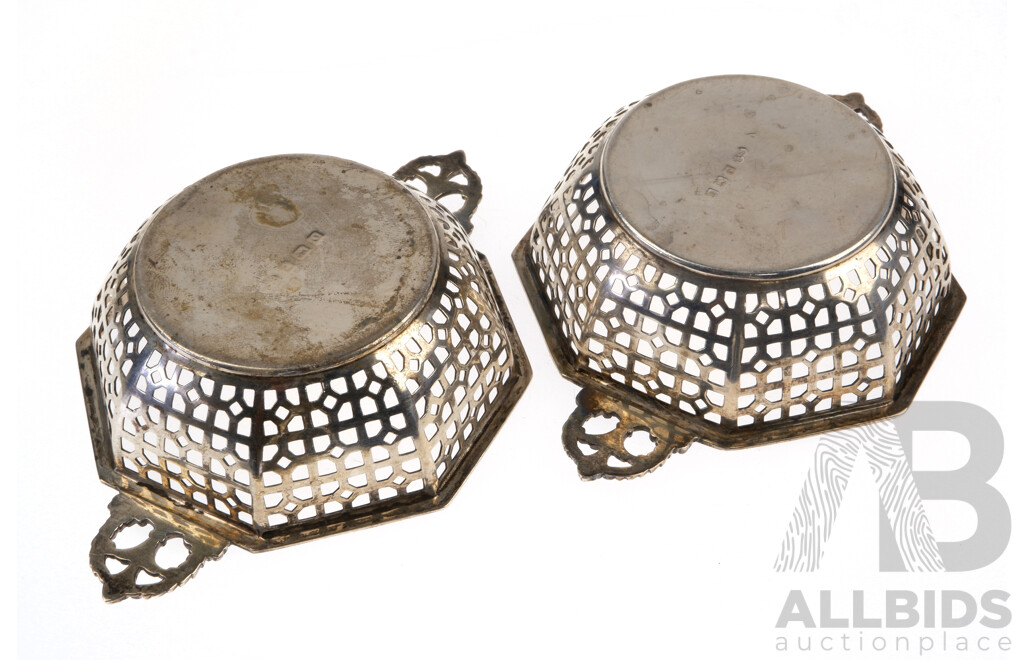 Pair Vintage English Sterling Silver Octagonal Dishes with Pierced Sides, Birmingham 1938