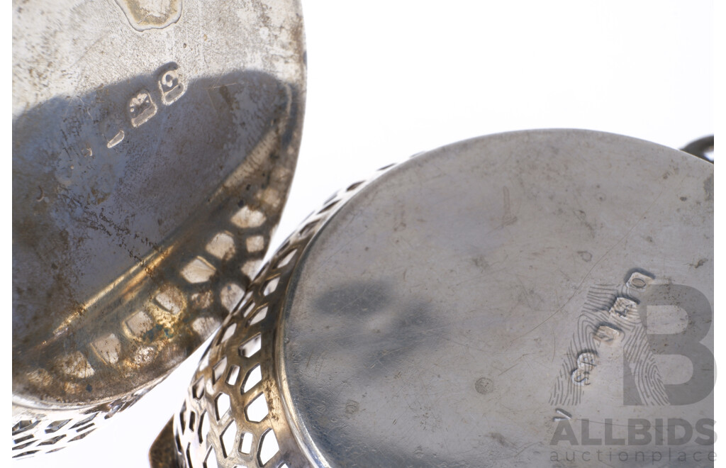 Pair Vintage English Sterling Silver Octagonal Dishes with Pierced Sides, Birmingham 1938