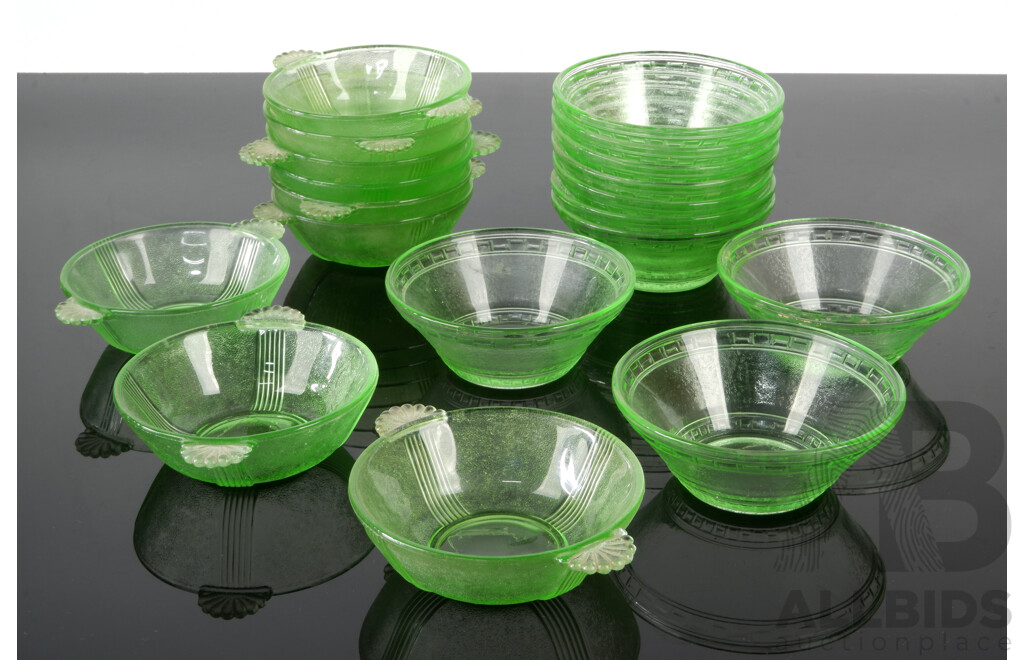 Set Nine Vintage Art Deco Depression Glass Bowls Along with Set Ten in Different Pattern