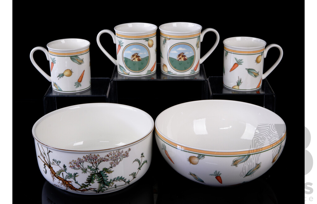 Villroy & Boch Serving Bowl and Four Mugs in a La Ferme Pattern Along with Botianica Pattern Serving Bowl