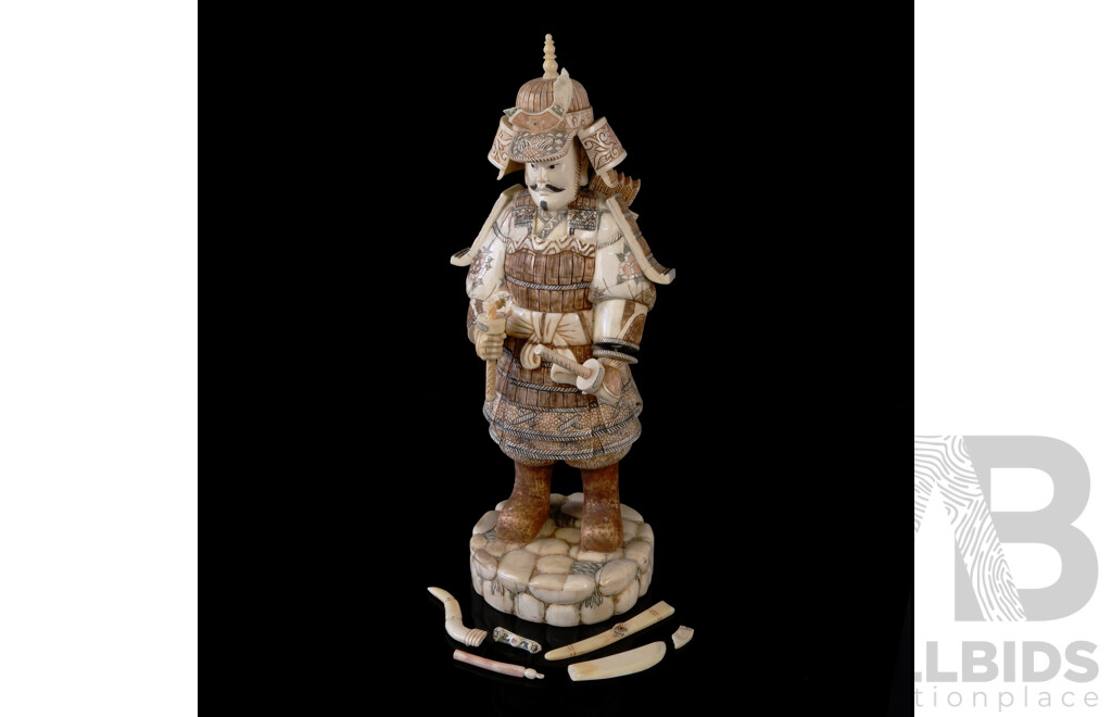 Vintage Asian Carved and Dyed Bone Samurai Statue