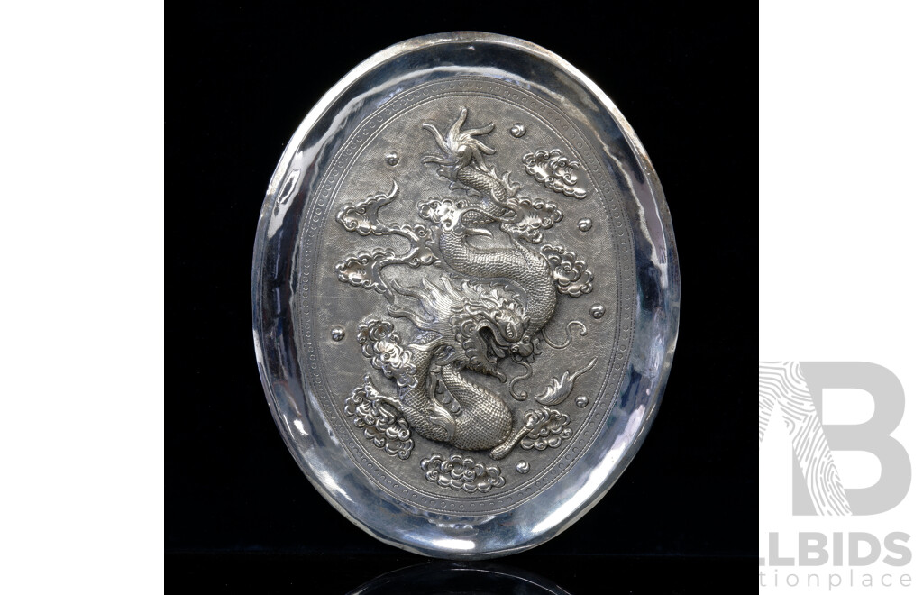 Asian Silver Tray with Repousse Decorated with Dragons and Clouds, 270g
