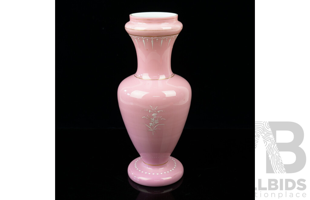 Good Victorian Pink Cased Opaline Glass Vase Finely Enamelled with an Angle and Cherub, Late 19th C.