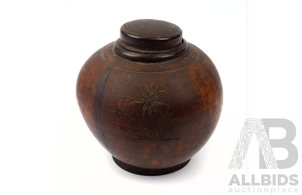 Vintage Chinese Coconut Tea Caddy and Cover Engraved with a Palm Tree, H 12.5cm