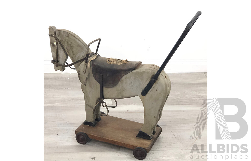 Antique Primitive Childs Timber Horse on Wheels