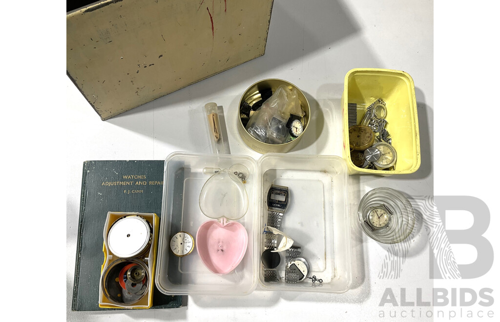 Collection of Miscellaneous Watches, Watch Parts and Watch Repair Book