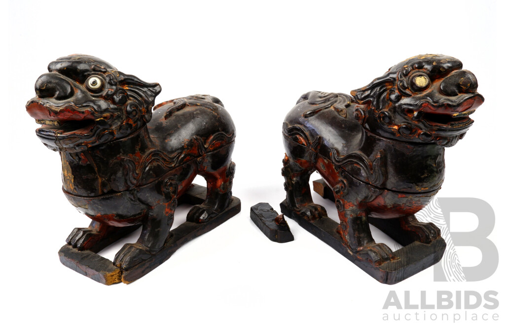 Pair of Vintage Vietnamese Wooden Sectioned Temple Dogs Vessels