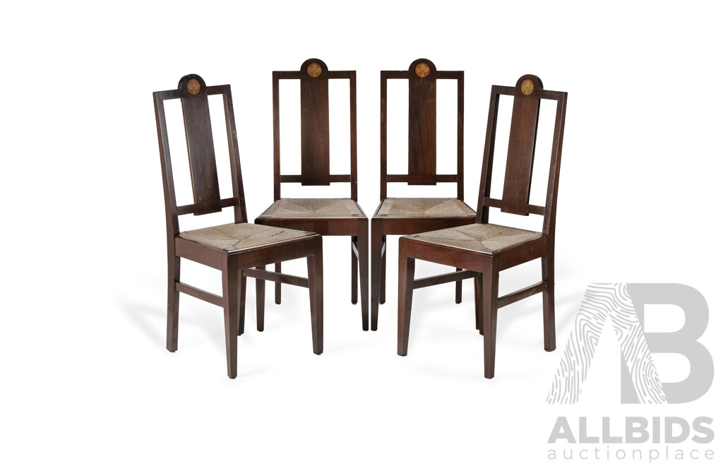Set of 4 English Arts & Crafts Period Mahogany Dining Chairs with Rush Seats and Inlaid Floral Roundels, in the Style of Frank Brangwyn, Early 20th C.