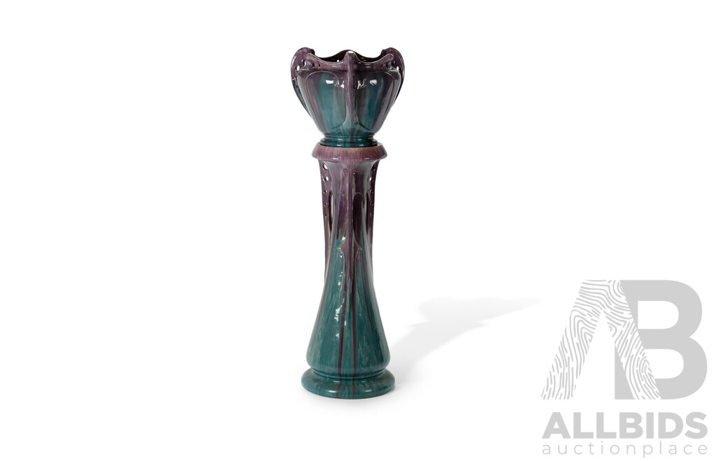 Large Antique French Art Nouveau Period Majolica Glaze Jardiniere and Pedestal, Probably by Massier Vallauris, Early 20th C.