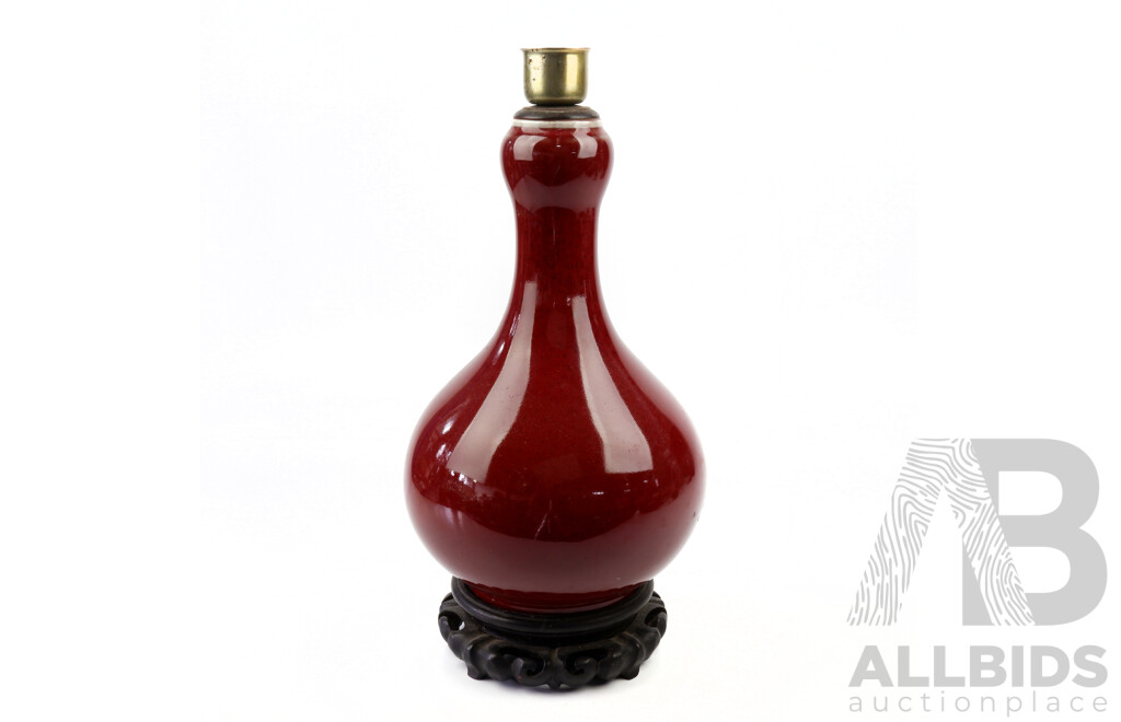 Vintage Chinese Sang-de-Boeuf (Oxblood) Glazed Gourd Vase, Later Drilled and Mounted as a Lamp Base