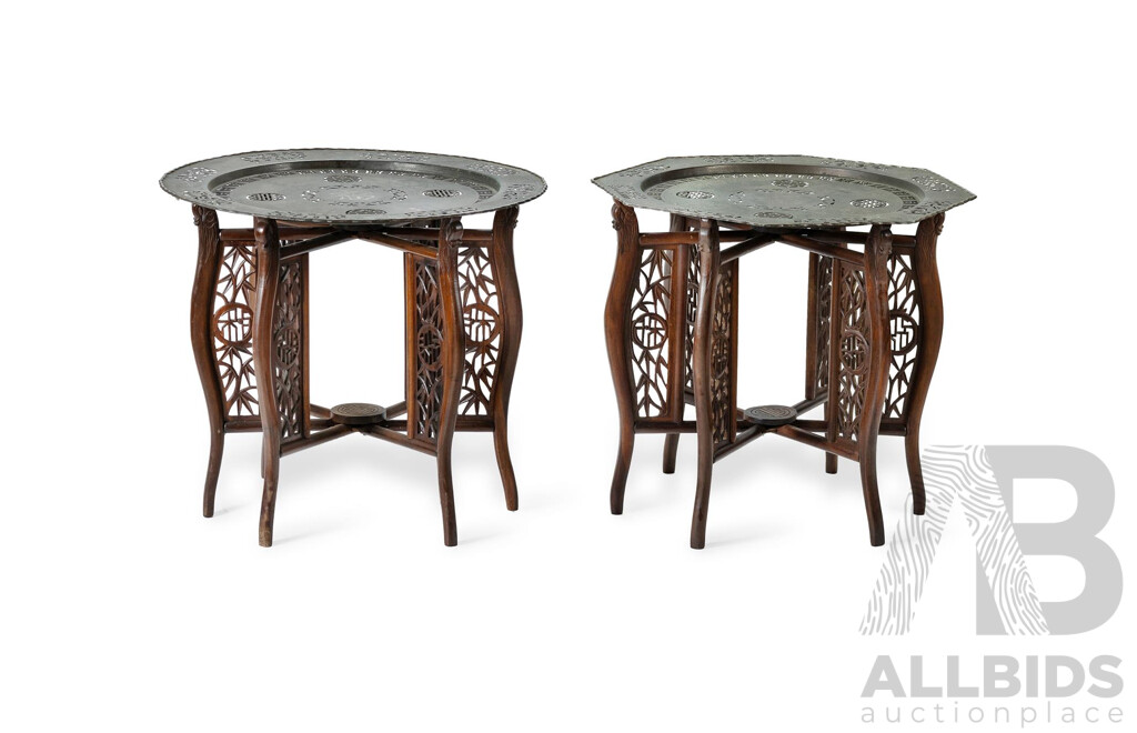 Near Pair Antique Chinese Export Hardwood and Mixed Metal Tray Top Folding Tables, Early 20th C.