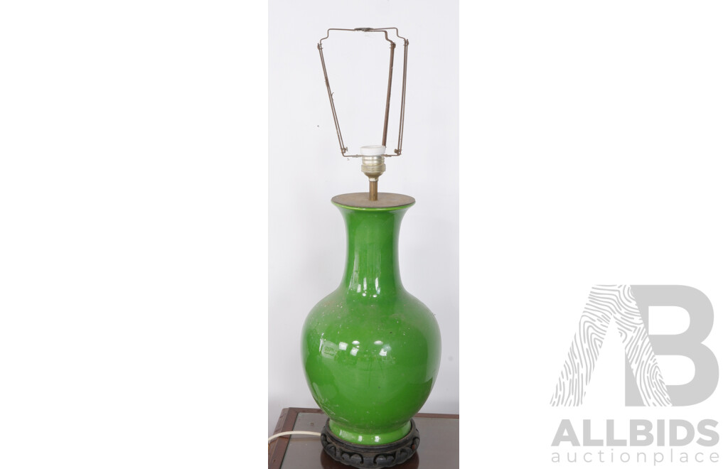 Vintage Chinese Apple-Green Glazed Baluster Vase, Later Drilled and Mounted as a Lamp Base