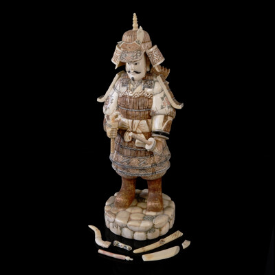 Vintage Asian Carved and Dyed Bone Samurai Statue