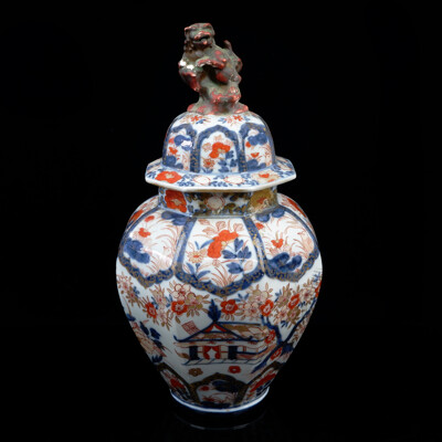 Antique Japanese Imari Hand Painted Porcelain Lidded Ginger Jar with Pho Dog Finial, Circa 19 Century
