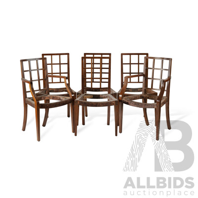 Set of 6 English Arts & Crafts Period Walnut Dining Chairs in the Style of Gordon Russell, Early 20th C.