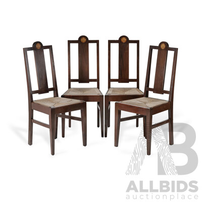 Set of 4 English Arts & Crafts Period Mahogany Dining Chairs with Rush Seats and Inlaid Floral Roundels, in the Style of Frank Brangwyn, Early 20th C.