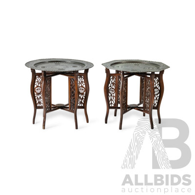 Near Pair Antique Chinese Export Hardwood and Mixed Metal Tray Top Folding Tables, Early 20th C.