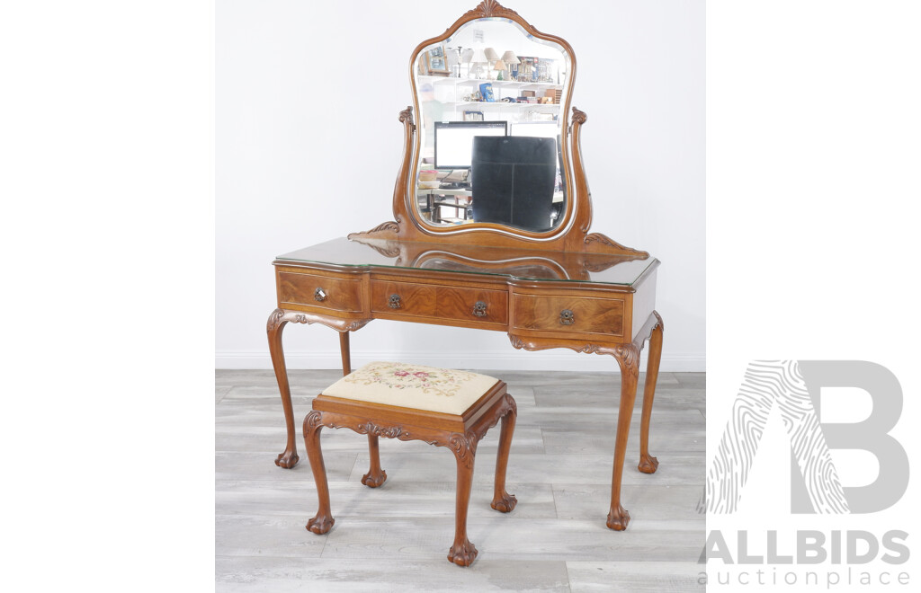 French Style Walnut Serpentine Front Mirrored Back Dresser with Stool