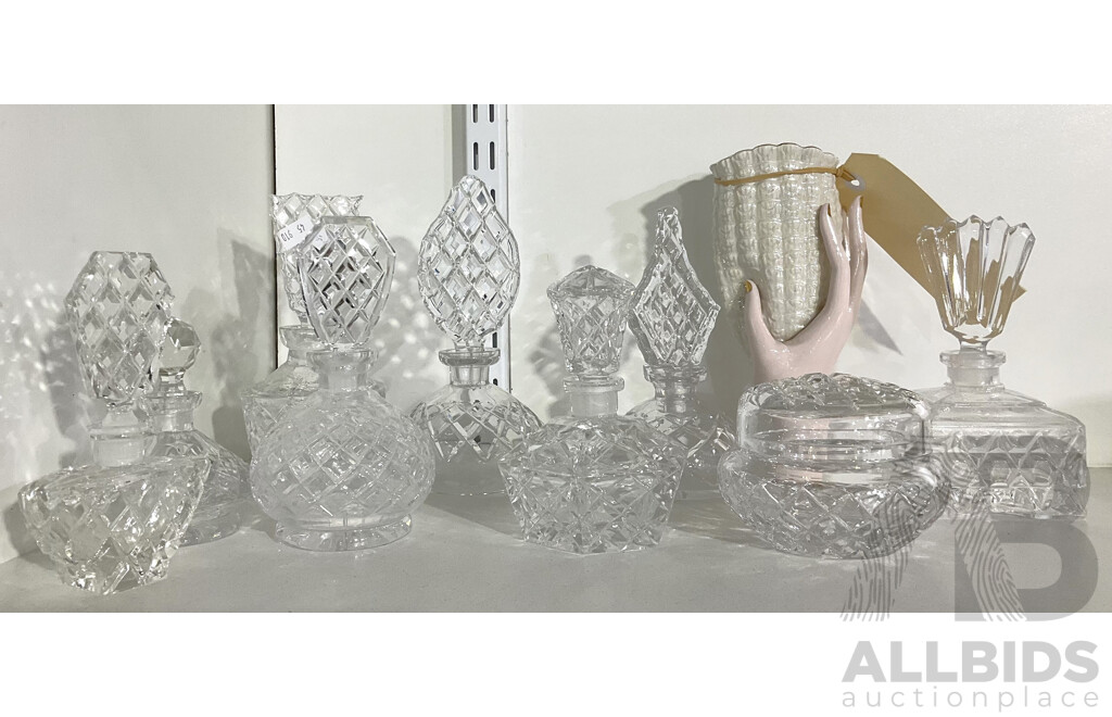Collection of Crystal Perfume Bottles and a Vintage Hand Shaped Vase