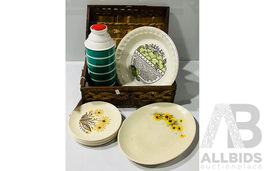 Collection of Vintage Items Including Johnson of Australia Bread Plates, Vacco Made in England Thermos and More