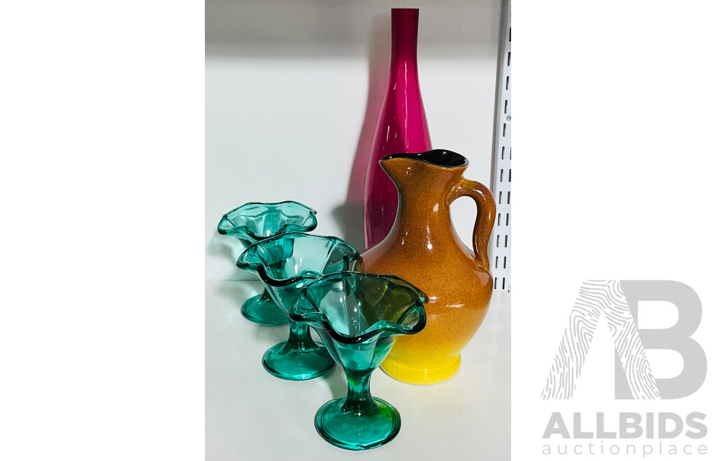 Collection of Decorative Homewares Including Trio of Green Glass Dessert Dishes, Pink Art Glass Tall Vase and a Glazed Pottery Jug