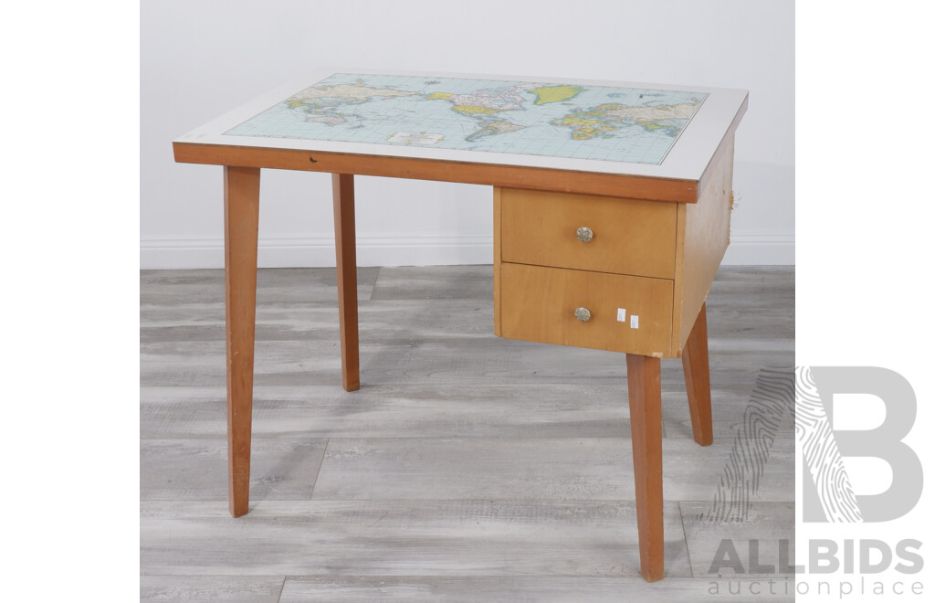 Vintage School Desk with World Map to Top