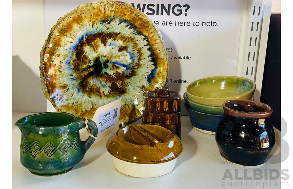 Quantity of Glazed Studio Pottery Including a Plate and Three Small Bowls and More