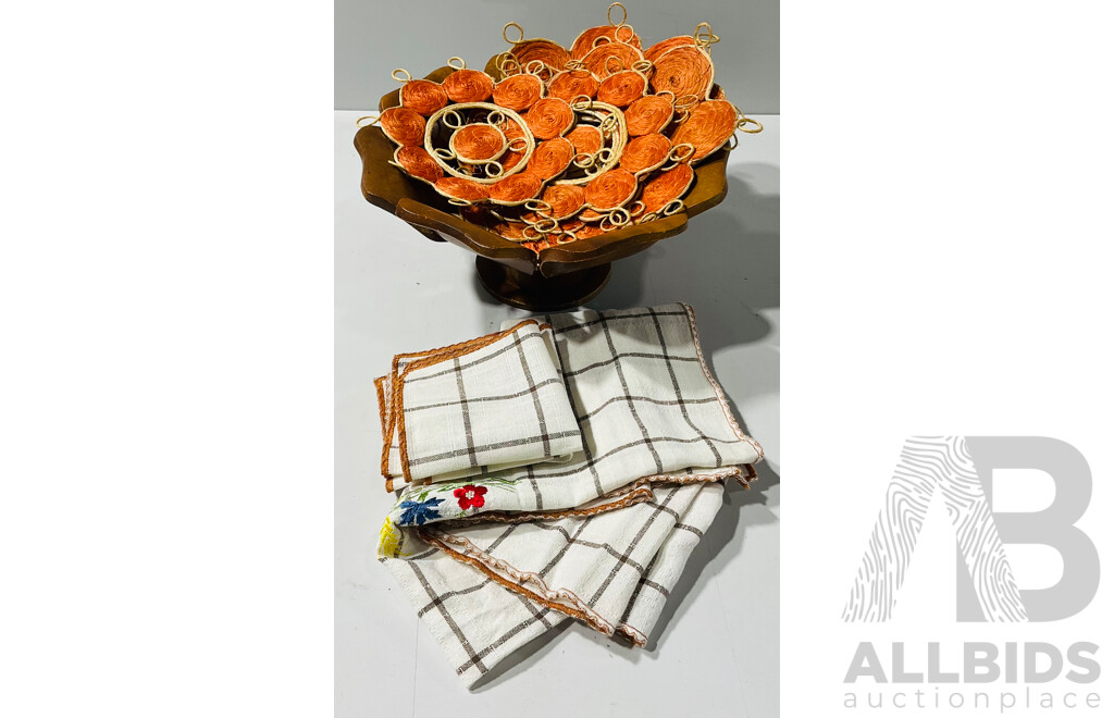 Vintage Wooden Fruit Bowl, Table Cloth and Three Napkins and Seven Retro Woven Place Mats of Varying Sizes