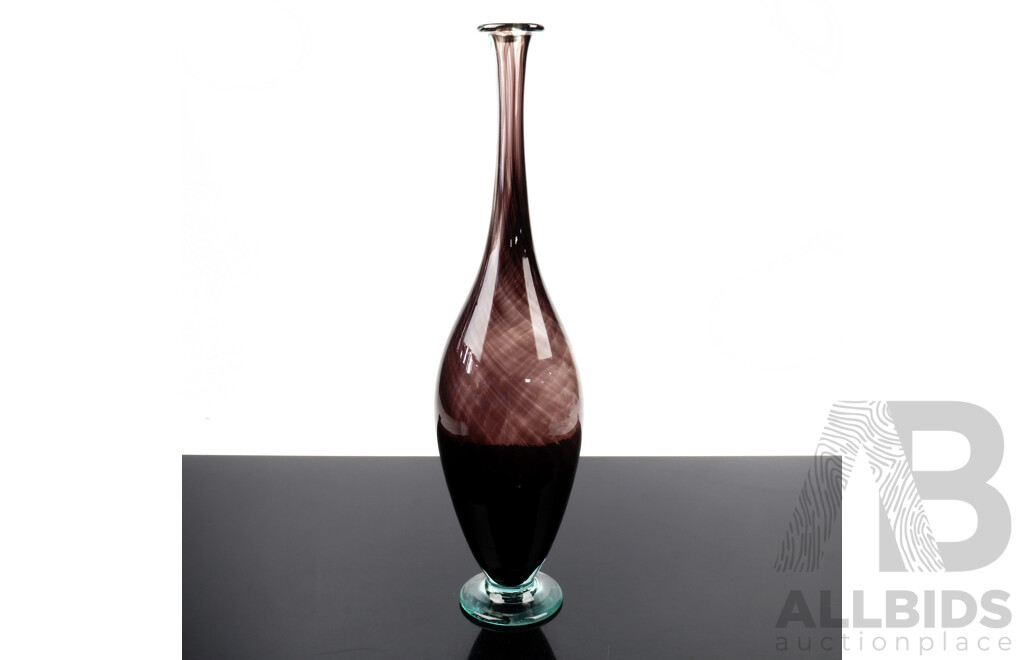 Vintage Hand Blown Art Glass Bottle Form Vase with Marbled Purple Detail