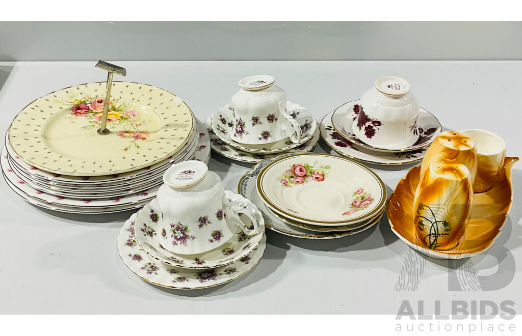 Collection Porcelain Including SIx Royal Albert Plates in Winsome Pattern, Japan Four Piece Cruet Set, Two Royal Albert Sweet Violets Trios and More
