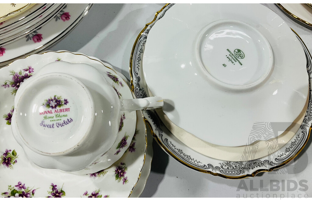 Collection Porcelain Including SIx Royal Albert Plates in Winsome Pattern, Japan Four Piece Cruet Set, Two Royal Albert Sweet Violets Trios and More