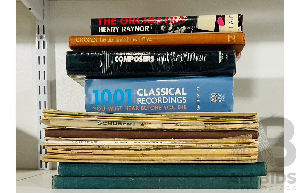 Collection Books Relating to Orchestral Music Along with Quantity Sheet Music